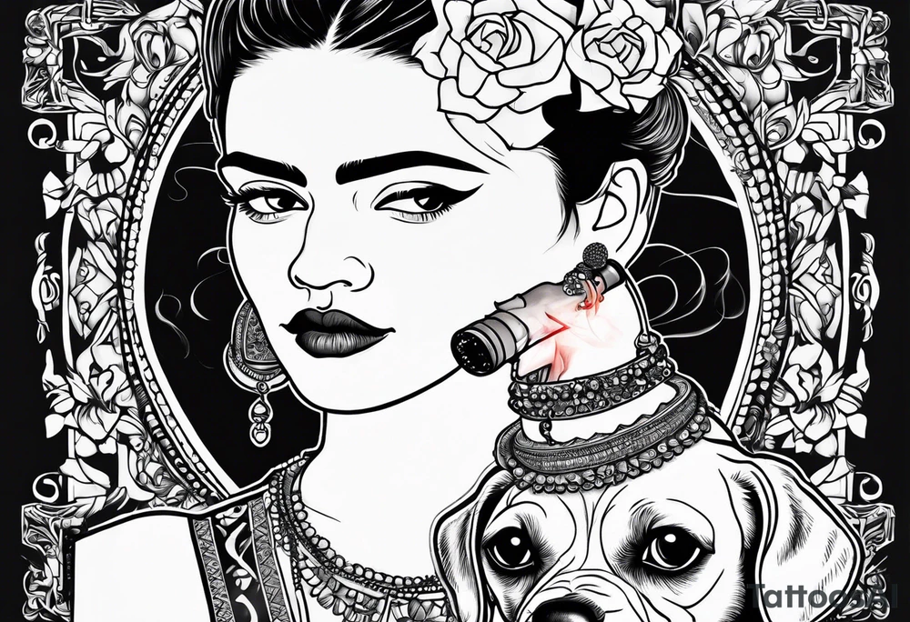 Frida khalo smoking a hookah while carrying a puppy dog tattoo idea