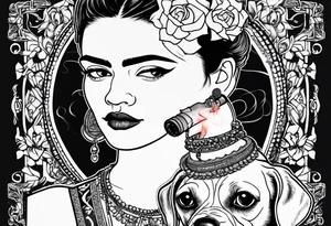 Frida khalo smoking a hookah while carrying a puppy dog tattoo idea