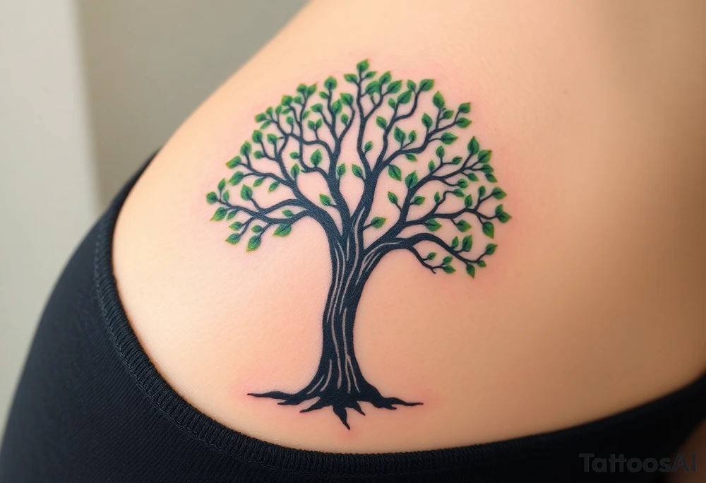 tattoo of a tree symbolizing the virtues of A tree could symbolize all of these qualities. Here's why:

Curious: A tree grows and seeks sunlight, representing the pursuit of knowledge and exploration.
Compassionate: The tree provides shelter and sustenance to those around it, offering support without asking for anything in return.
Earnest: The tree stands tall and strong, showing sincerity in its growth and its presence in the world.
Faithful: A tree remains rooted in one place, symbolizing faithfulness to its surroundings and purpose.
Generous: It gives fruits, shade, and oxygen freely, offering abundance to all who need it.
Honest: A tree is transparent in its existence—what it is is clear and simple, no hidden agendas.
Humorous: The shape of a tree, the rustling of its leaves, or even the way birds nest in it can bring lightness and joy, a reminder not to take life too seriously.
Just: A tree gives to all equally, regardless of who comes to it, showing fairness and impartiality.
Kind: The shade and shelter it offers to others in need reflect kindness.
Loyal: The tree endures harsh weather and seasons, symbolizing loyalty and resilience through time.
Magnanimous: The tree offers its beauty and resources without expecting anything in return, showcasing greatness of spirit.
Sincere: A tree is genuinely itself—there is no pretense, only natural existence.
Thoughtful: Its roots connect deeply with the earth, symbolizing deep thoughtfulness, and its branches reach out to others.
In this way, a tree encompasses all these virtues, standing as a reminder of how one can grow with strength and offer goodness to the world. tattoo idea
