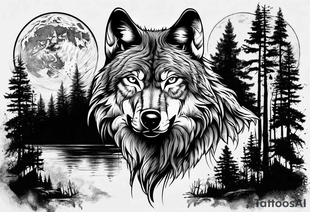 Wolf face with nature in the back ground tattoo idea