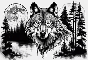 Wolf face with nature in the back ground tattoo idea