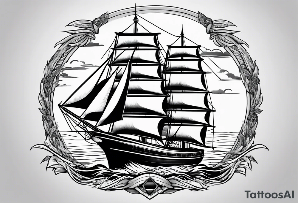 sailboat seen from the front. sail in the shape of a maritime lighthouse.phoenix drawn on the sail. tattoo idea