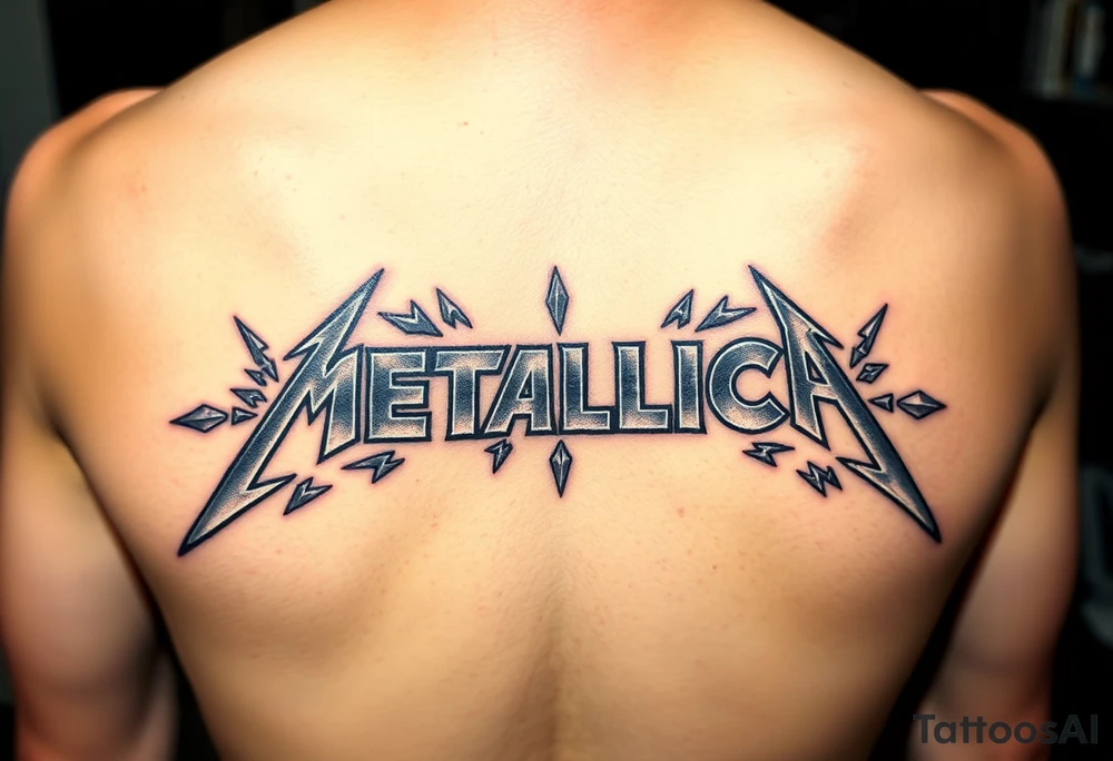 A detailed depiction of the "Metallica" logo in a sharp, angular font, surrounded by shards of shattered glass, glowing with metallic silver and dark shadows tattoo idea
