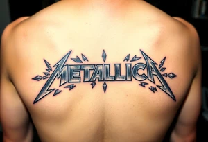 A detailed depiction of the "Metallica" logo in a sharp, angular font, surrounded by shards of shattered glass, glowing with metallic silver and dark shadows tattoo idea