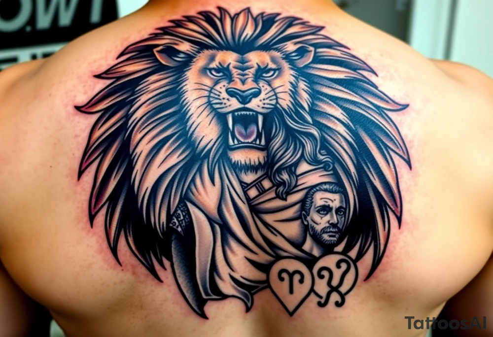 Roaring Leo lion holding virgo woman with robe and wavy hair, add Sagittarius female and Capricorn male below these tattoo idea