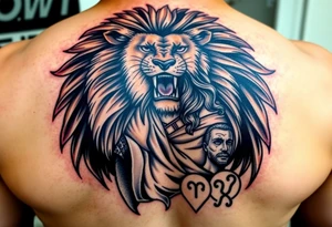 Roaring Leo lion holding virgo woman with robe and wavy hair, add Sagittarius female and Capricorn male below these tattoo idea