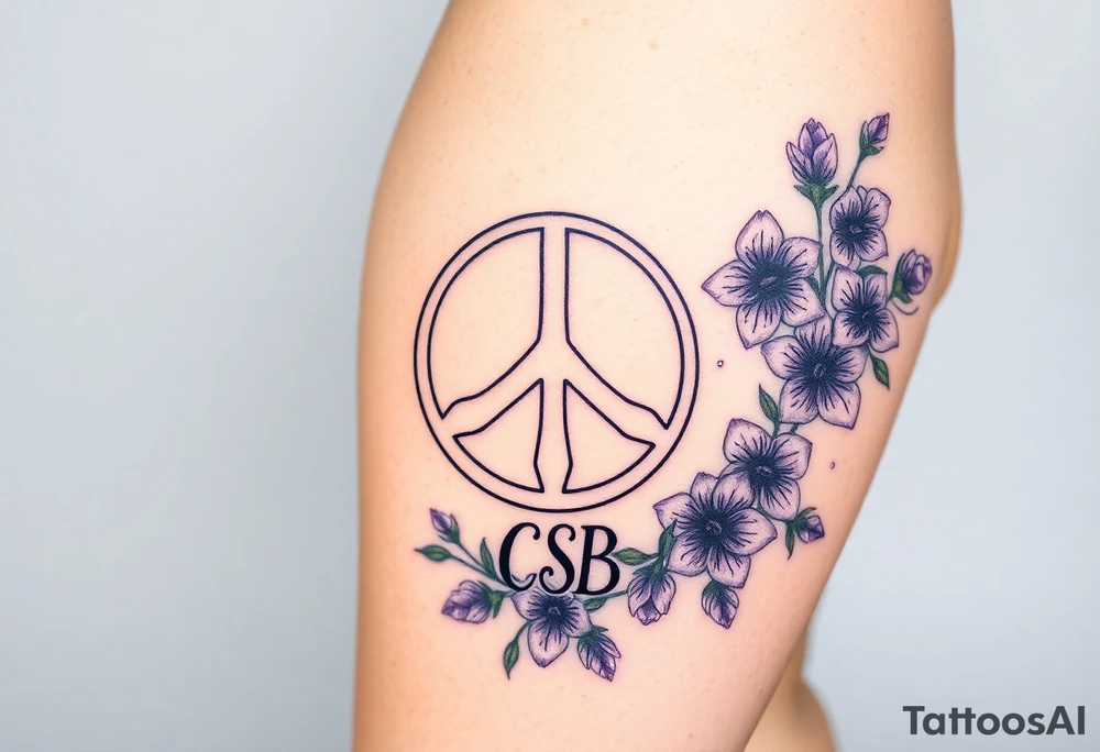 Full tattoo peace symbol, dog prints, Pisces symbol, intertwined with violets, amethyst, initials csb in cursive font tattoo idea