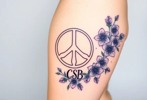 Full tattoo peace symbol, dog prints, Pisces symbol, intertwined with violets, amethyst, initials csb in cursive font tattoo idea