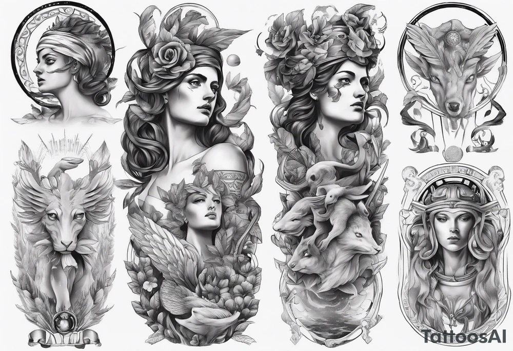 Greek mythology sleeve for women to signify power and success tattoo idea