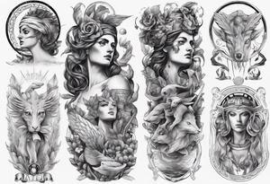Greek mythology sleeve for women to signify power and success tattoo idea
