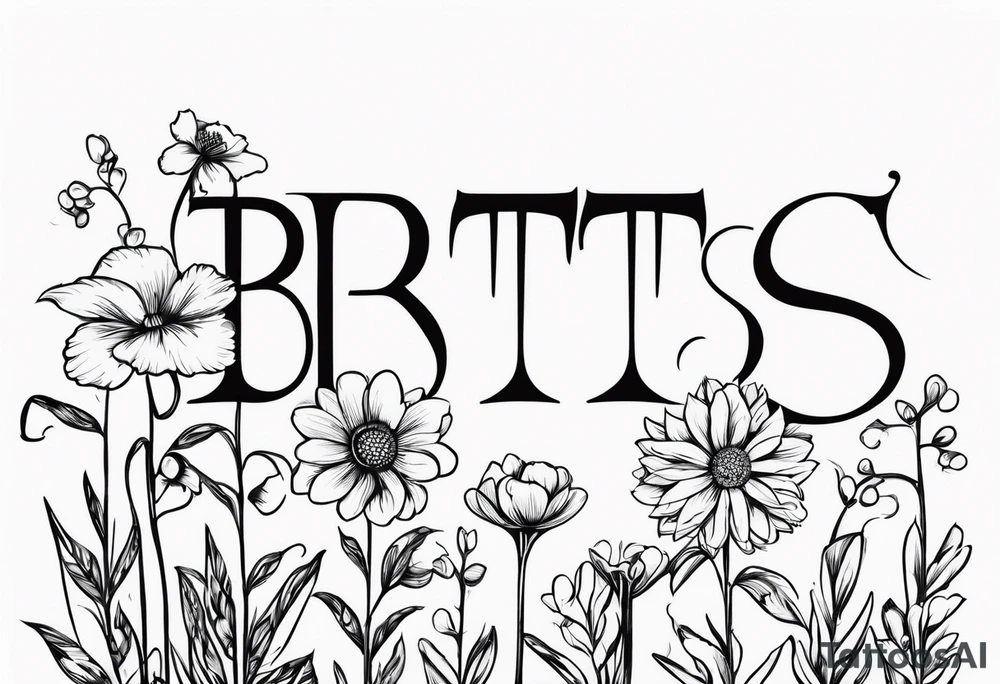 The letters "BTTS" written in a flower stem tattoo idea
