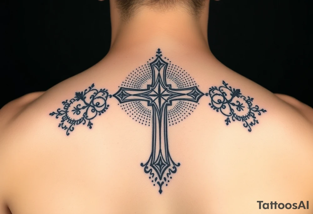 christian cross, surrounded by geometrics ornaments tattoo idea