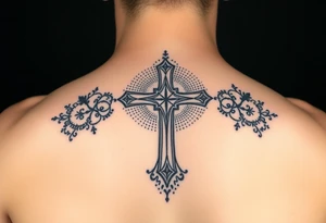christian cross, surrounded by geometrics ornaments tattoo idea
