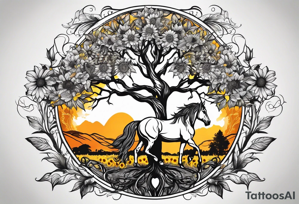 Yggdrasil tree, horse in front of it, and sunflowers tattoo idea