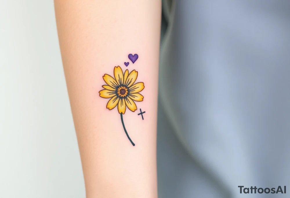 Simple yellow daisy with Purple Hearts & cross tattoo idea