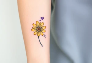 Simple yellow daisy with Purple Hearts & cross tattoo idea