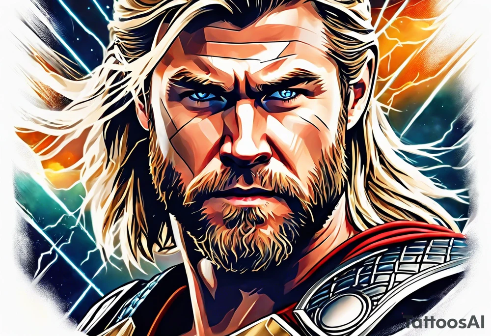 The Mighty Thor that looks like the Chris Hemsworth version with lightning in the background tattoo idea