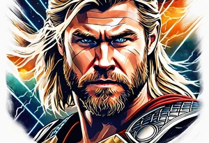 The Mighty Thor that looks like the Chris Hemsworth version with lightning in the background tattoo idea