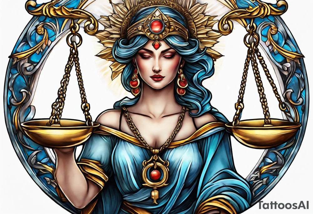 Themis holding the scales of justice while blindfolded with a moon in the background in color tattoo idea