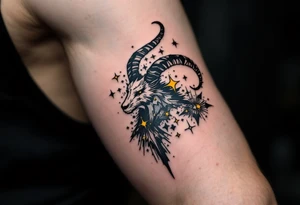 An abstract Capricorn with capricorn star constellation tattoo featuring bold black lines and radiant yellow stars scattered in the pattern tattoo idea