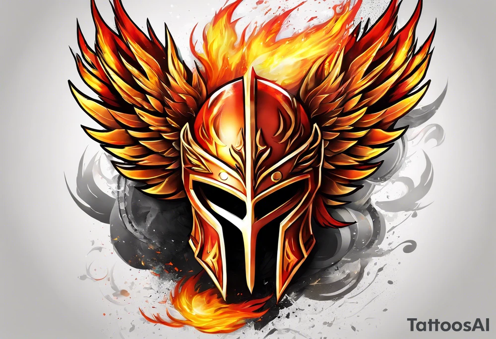 A Spartan Helmet with a phoenix engulfed in fire encompassing it. The head of the phoenix would be above it and the wings would go around it and the tail would be below it. Fire would be tattoo idea