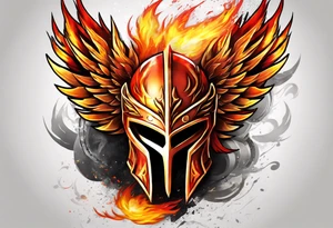 A Spartan Helmet with a phoenix engulfed in fire encompassing it. The head of the phoenix would be above it and the wings would go around it and the tail would be below it. Fire would be tattoo idea