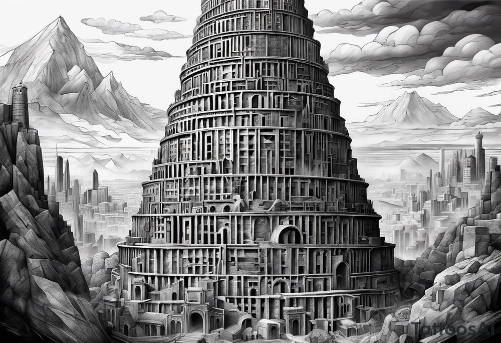 a surrealistic representation of the babel tower in the big bang tattoo idea