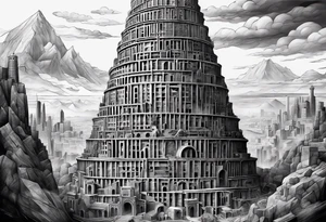 a surrealistic representation of the babel tower in the big bang tattoo idea