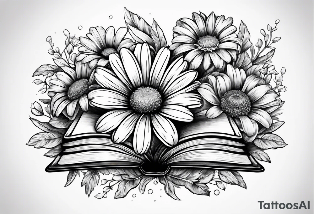 open book with a daisy bouquet tattoo idea