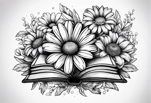 open book with a daisy bouquet tattoo idea