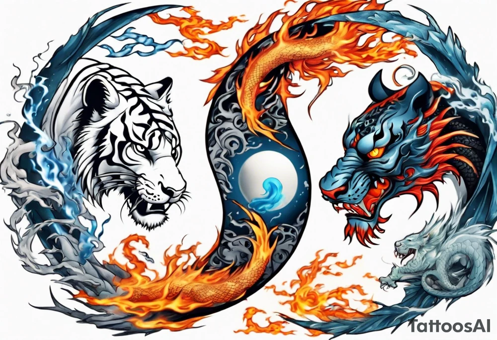 Ying Yang with dragon and tiger surrounding it and fire and water tattoo idea