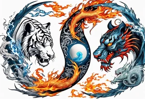 Ying Yang with dragon and tiger surrounding it and fire and water tattoo idea
