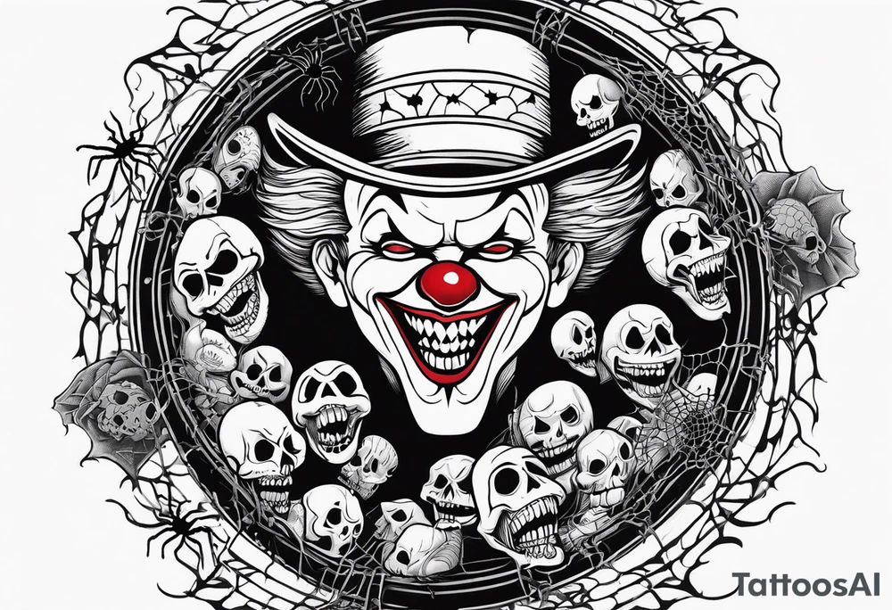 penny wise clown peaking from the inside of a well covered with  with evil spiders and cobwebs, skulls all in a collage with other killers from horror movies tattoo idea