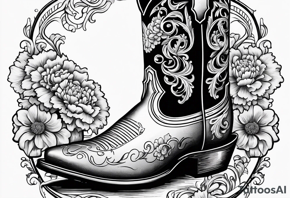 Cowboy boot with bouquet of chrysanthemum, carnations and marigolds inside of boot tattoo idea