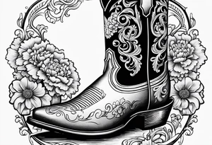 Cowboy boot with bouquet of chrysanthemum, carnations and marigolds inside of boot tattoo idea