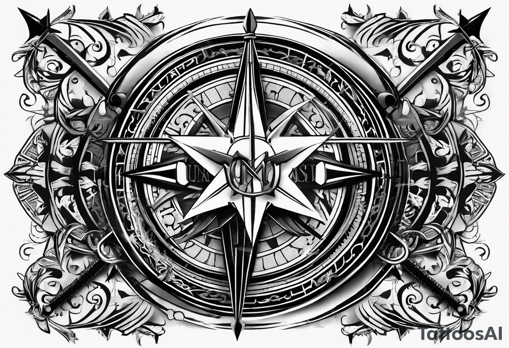 guy faux mask compass. Slashed lettering for the navigational directions and long fencing swords as the arrows tattoo idea