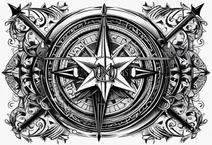 guy faux mask compass. Slashed lettering for the navigational directions and long fencing swords as the arrows tattoo idea