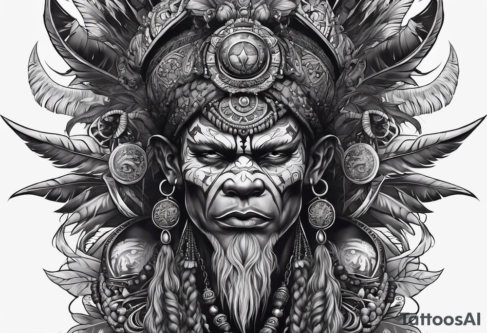 witch doctor, finely detailed, full bodied, dark fantasy style tattoo idea