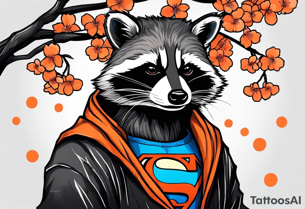 Raccoon wearing a white Superman logo on a black hoodie and orange Japanese cherry blossoms tattoo idea