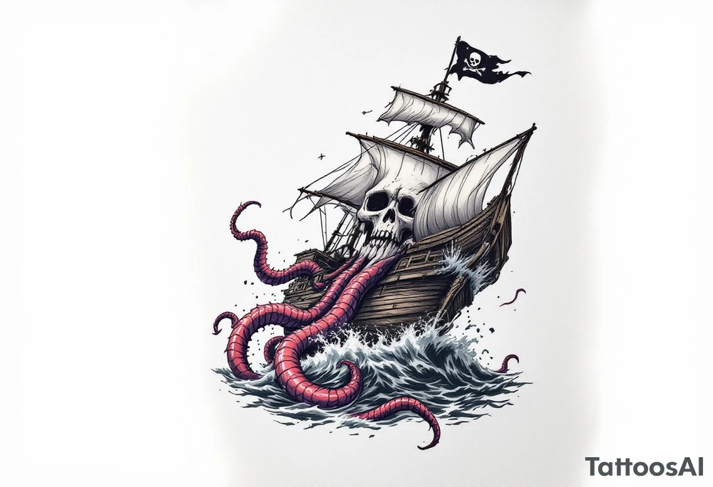 Kraken’s Wrath – A wooden pirate ship in the midst of a stormy sea, being dragged into the depths by massive red and purple tentacles. The skull-shaped waves crash against the hull, while a torn black Jolly Roger flag flaps in the wind. tattoo idea