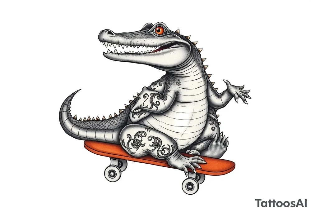 crocodile riding a skateboard with piercings and tattoos tattoo idea