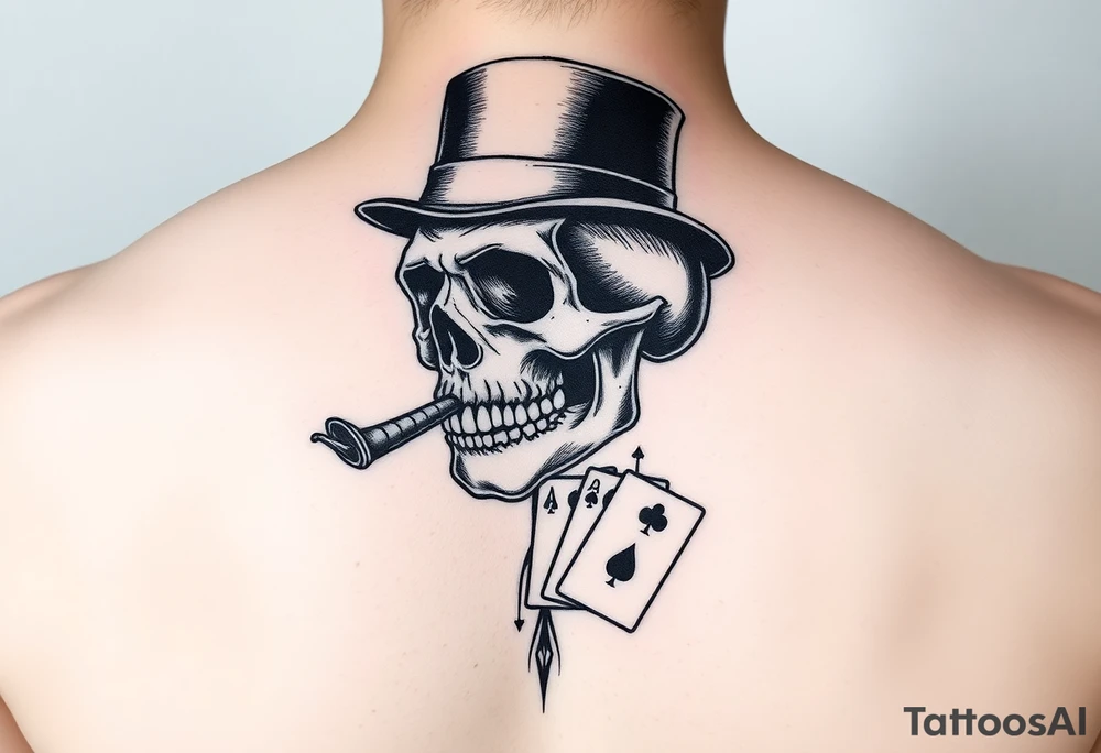skull with mustache, cigar in his mouth,top-hat on his head and playing cards in his hand. tattoo idea