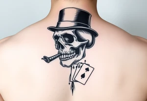 skull with mustache, cigar in his mouth,top-hat on his head and playing cards in his hand. tattoo idea