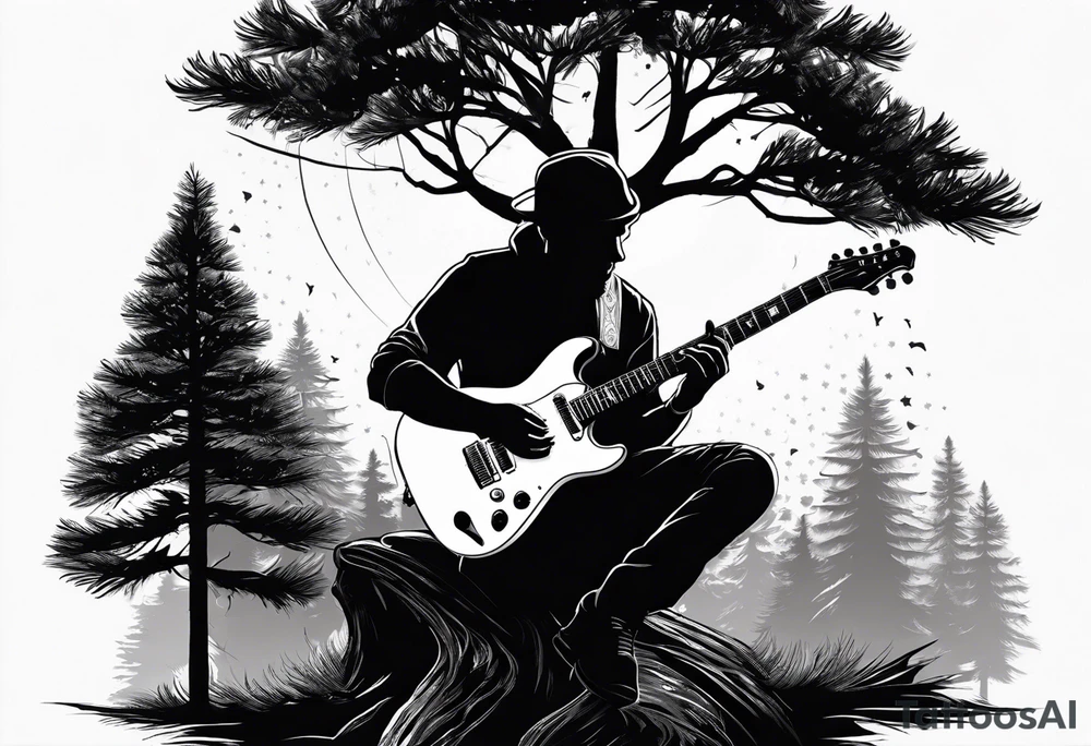 silhouette of a man playing electric guitar while sitting in a pine tree. no hat tattoo idea