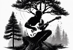 silhouette of a man playing electric guitar while sitting in a pine tree. no hat tattoo idea