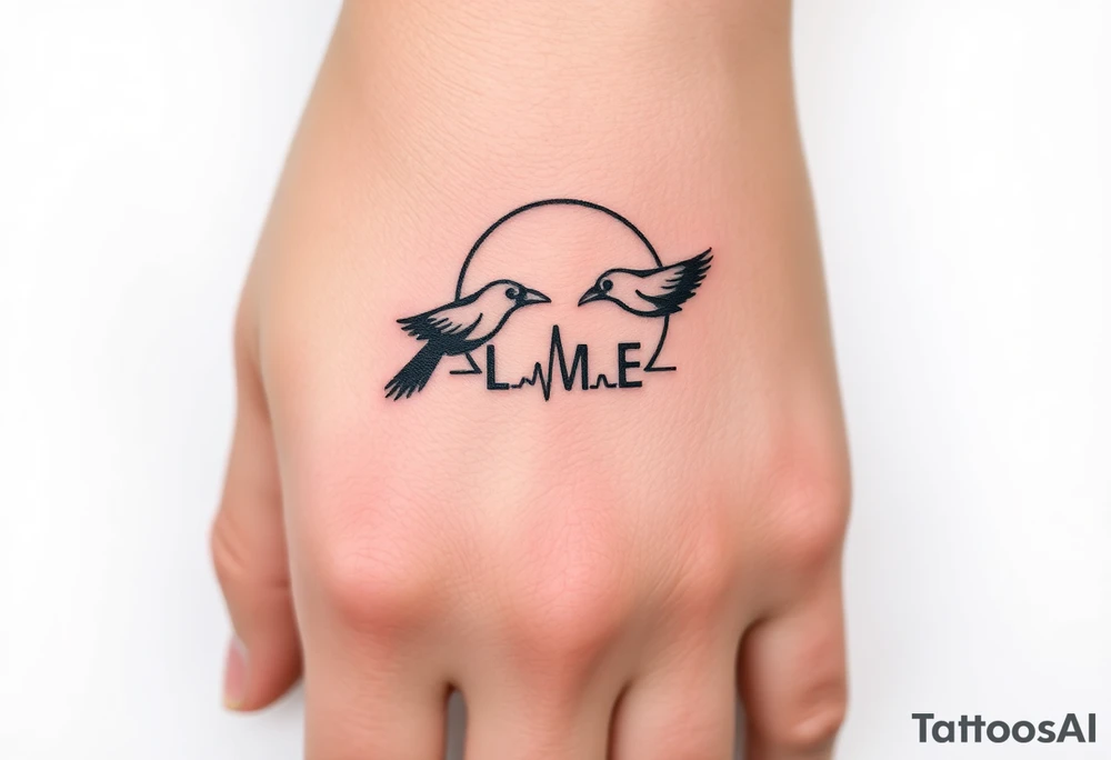 Create a minimalist tattoo design symbolizing the deep connection between a mother and daughter, featuring the initials L and E. Incorporate two crows flying around a full moon, connected by an ECG heartbeat line that represents their shared life energy. The design should feel mystical, balanced, and emotionally meaningful.”
Simplystic and small with Initials L and E tattoo idea