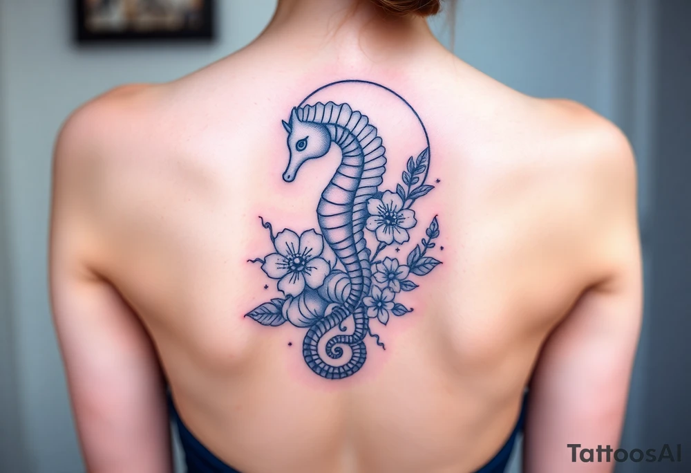 Sea horse flowers moon waves tattoo idea