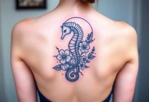 Sea horse flowers moon waves tattoo idea