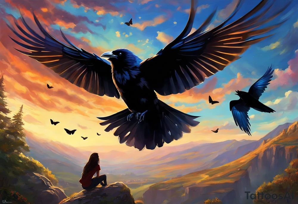 A butterfly flies towards the sky. Below the butterfly, a raven flies towards the sky. 
The butterfly and the raven are the same size
In the background is the name Malia.
In the background is the name SKF.
The number 89 can be seen in the background.
There is also a scorpion in the wing of the butterfly. tattoo idea