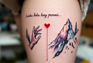 "Laska hory prenasi." — Two hands reaching across snowy mountain peaks, joined by a red heart thread and the quote floating above in soft cursive script. tattoo idea